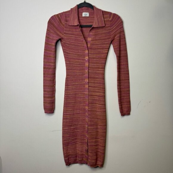Aritzia Wilfred XS Stripe Ribbed Stretchy Knit Button Down 90s Midi Dress - Picture 3 of 14
